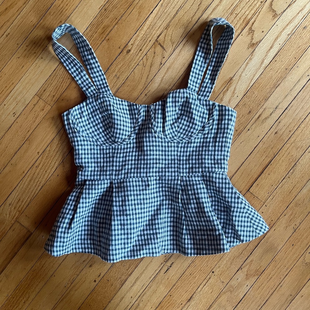 Reformation Navy & White Linen Gingham Bustier Peplum Top size 0